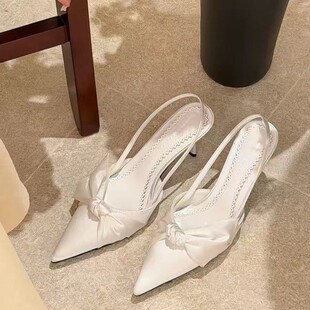 蝴蝶结高跟鞋细跟尖头小跟甜美仙女风配裙子女鞋包头一字带凉鞋潮