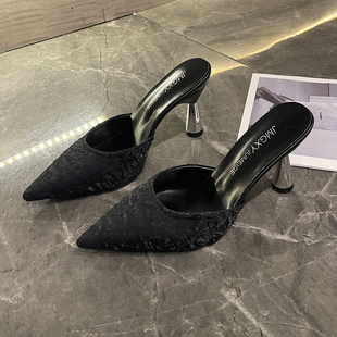 外出穿百搭网红凉拖鞋 试衣穆勒尖头细跟高跟鞋 女夏 包头半拖鞋 春季