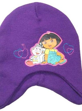 乐天BABY*36CM头围2-6岁女童紫色朵拉冬季护耳帽针织毛线帽