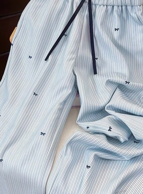 韩系蓝色条纹阔腿裤女夏季新款薄款小个子直筒裤休闲裤设计感裤子