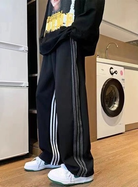 美式hiphop条纹黑色裤子高街ins潮百搭宽松显瘦卫裤直筒运动裤女