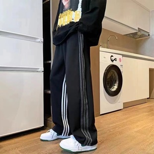 直筒运动裤 子高街ins潮百搭宽松显瘦卫裤 女 hiphop条纹黑色裤 美式