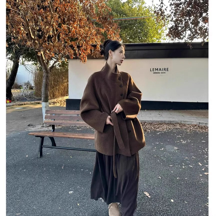 2025秋冬新款立领羊毛羊绒双面呢短款大衣设计感外套女腰带款大衣,女装/女士精品,毛呢外套,淘宝优惠券,粉丝福利购,淘宝优惠卷