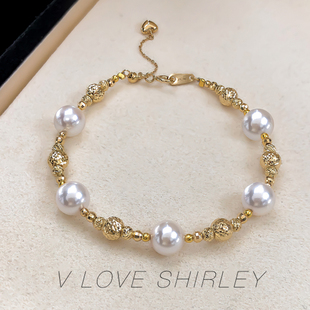 天女光泽akoya海水珠满天星珍珠手链18k金镭射金球调节链 繁星