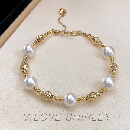 『繁星』天女光泽akoya海水珠满天星珍珠手链18k金镭射金球调节链