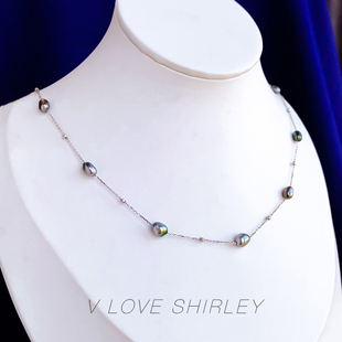 大溪地keshi满天星珍珠项链野生无核黑珍珠碎银子18k金锁骨链