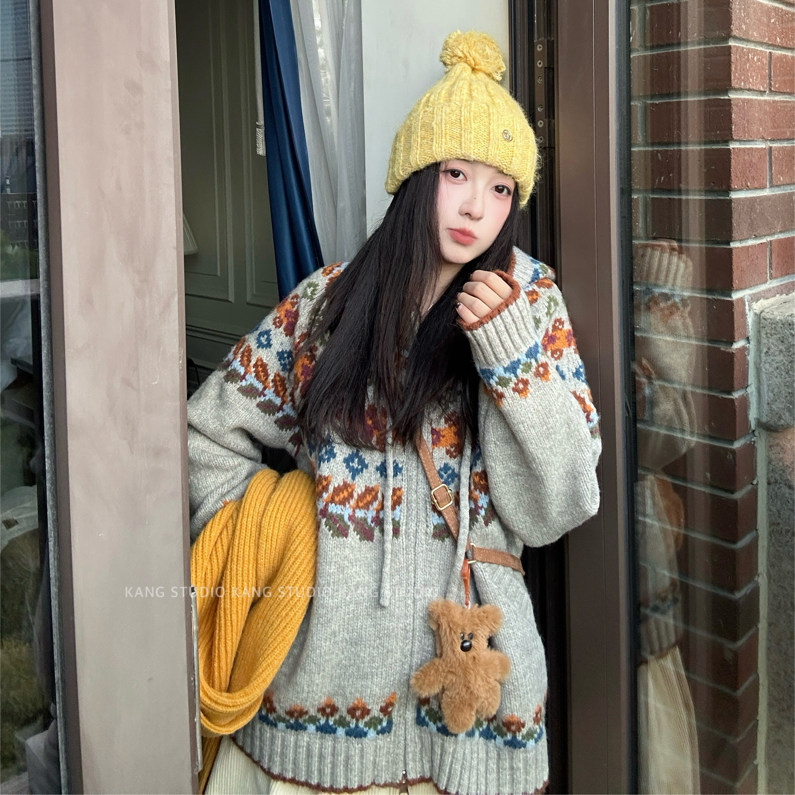 康康  冬日氛围 费尔岛连帽毛衣外套女秋冬新款针织开衫慵懒上衣