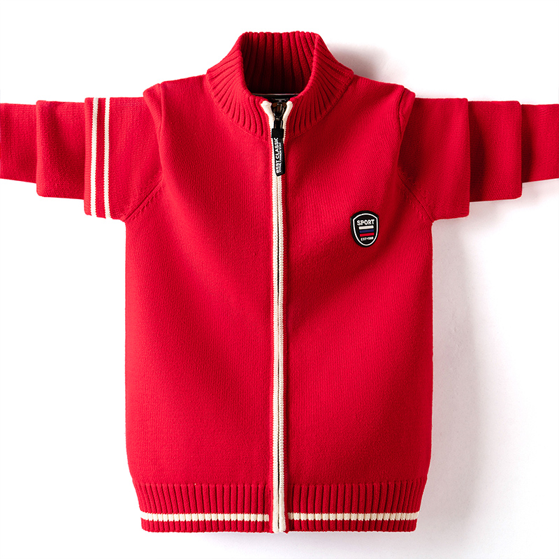 秋装拉链中大童红色纯棉加绒毛衣