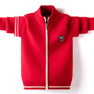 秋装拉链中大童红色纯棉加绒毛衣