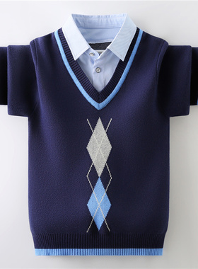 儿童毛衣男童秋冬款帅气衬衣假两件学院风中大童线衣针织衫洋气潮