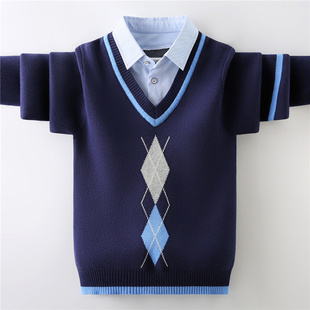 儿童毛衣男童秋冬款帅气衬衣假两件学院风中大童线衣针织衫洋气潮