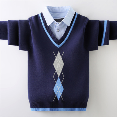 儿童毛衣男童秋冬款帅气衬衣假两件学院风中大童线衣针织衫洋气潮