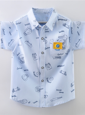 男童短袖衬衫儿童夏装男孩蓝色纯棉衬衣中大童2025新款童装洋气潮