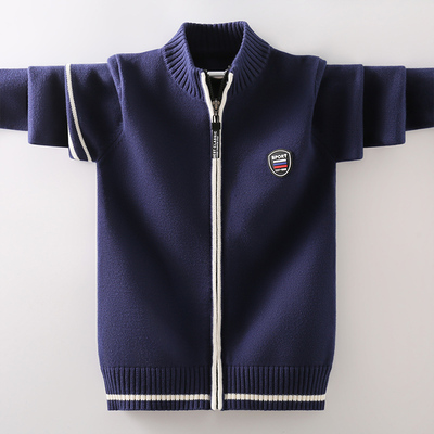 儿童针织开衫毛衣加绒加厚男童2025秋冬中大童拉链衫外套学院风潮