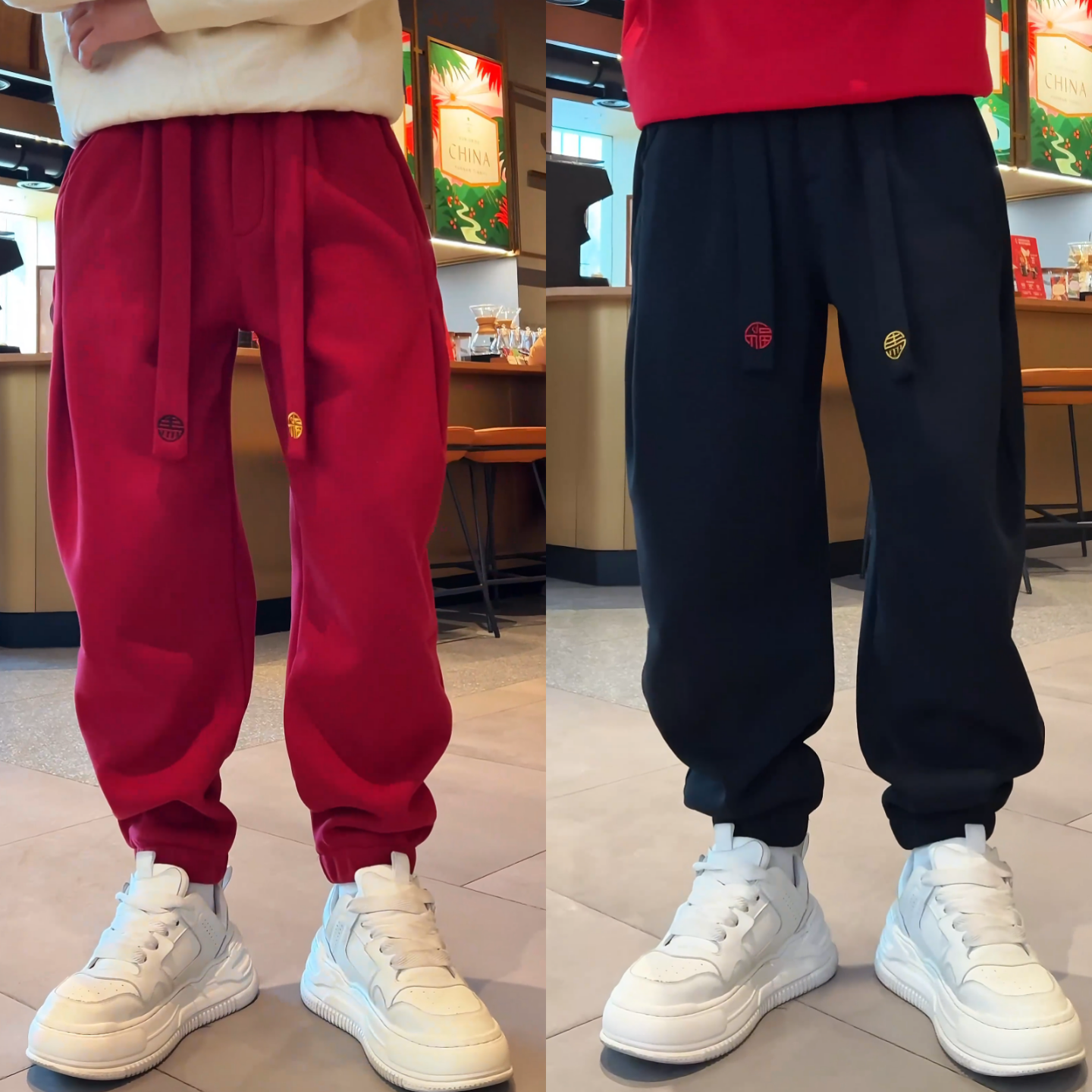 【马上发财】冬季马年男士潮流加绒休闲卫裤飘带抽绳设计感束脚裤