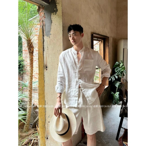 男士长袖衬衫松弛感老钱风夏季新款透气立领上衣休闲高级长袖衬衣