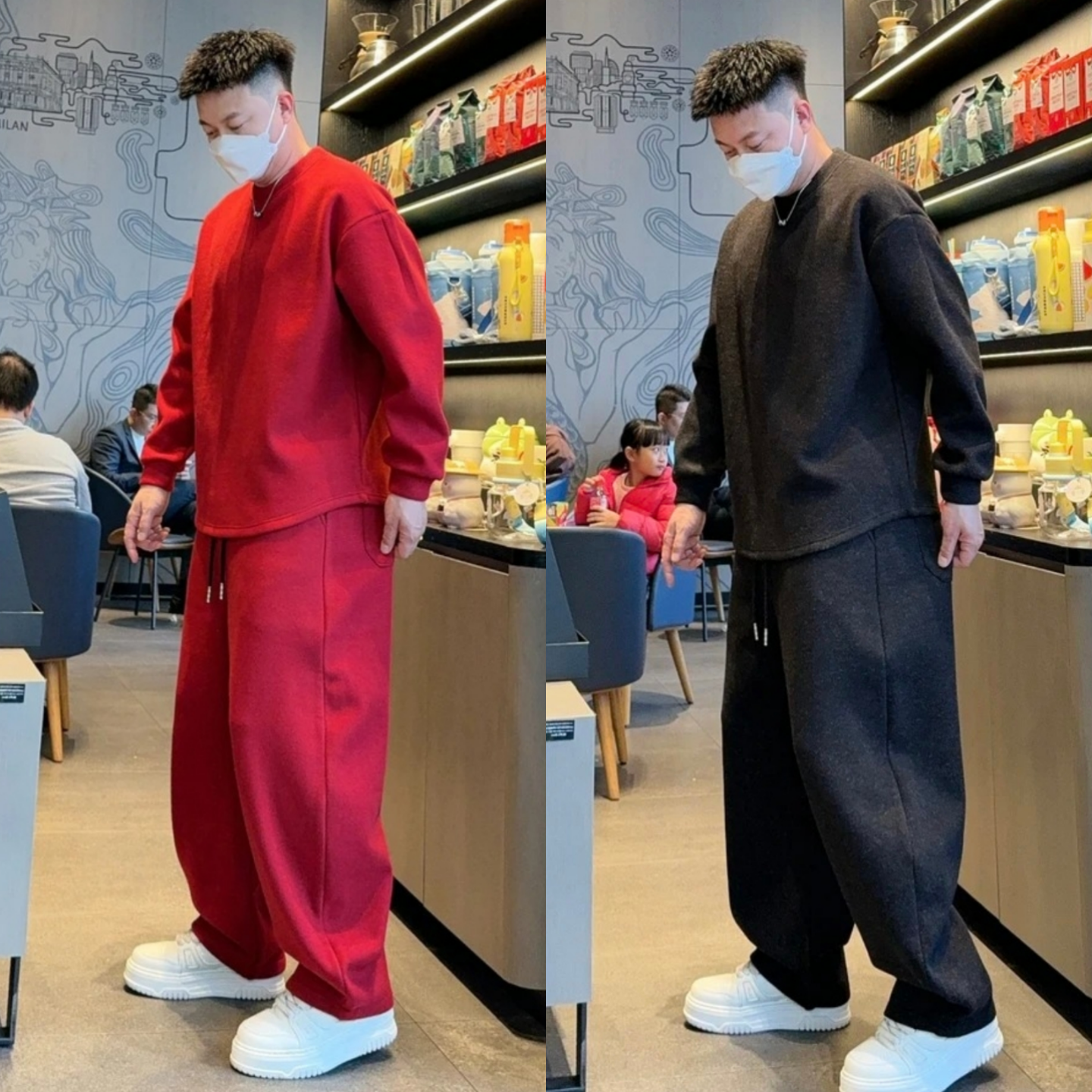 冬季男士纯色慵懒风加绒款式时尚套装宽松圆领卫衣直筒卫裤两件套