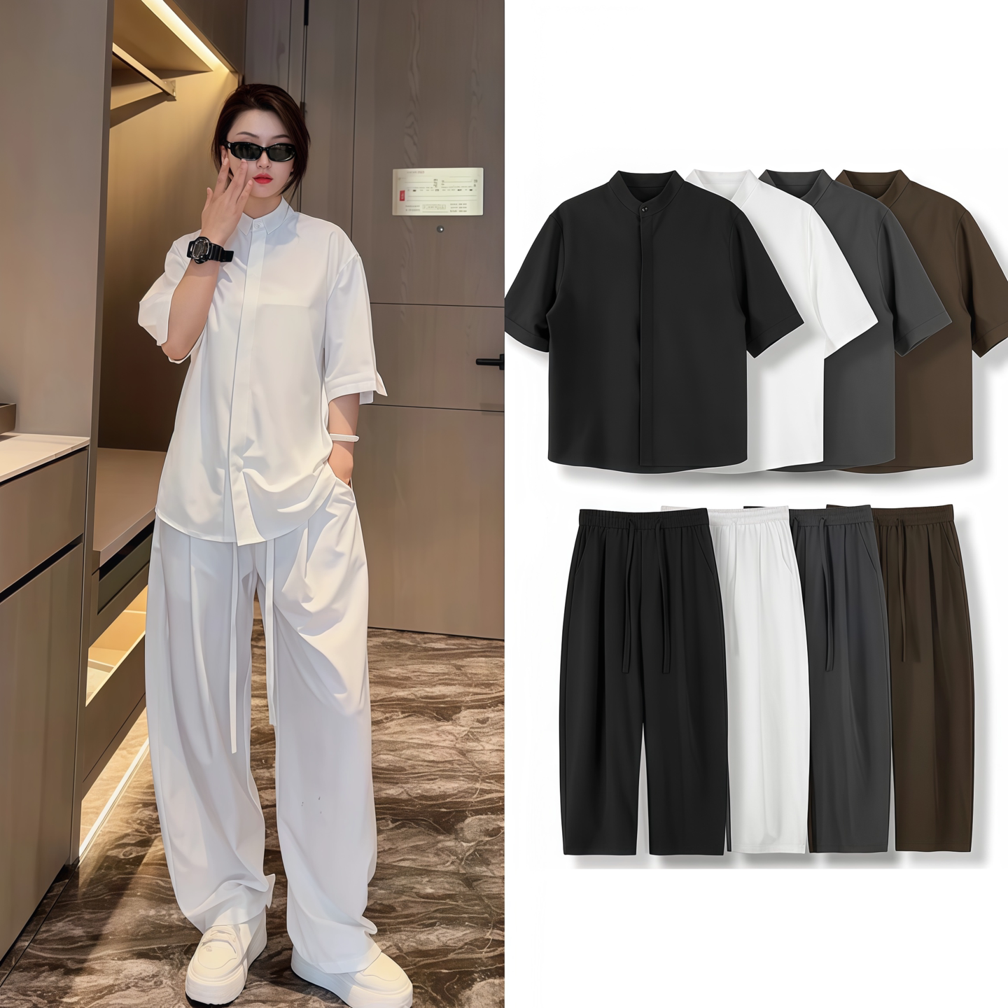 夏季冰丝短袖衬衫套装男士薄款纯色凉感短袖衬衣时尚休闲裤两件套