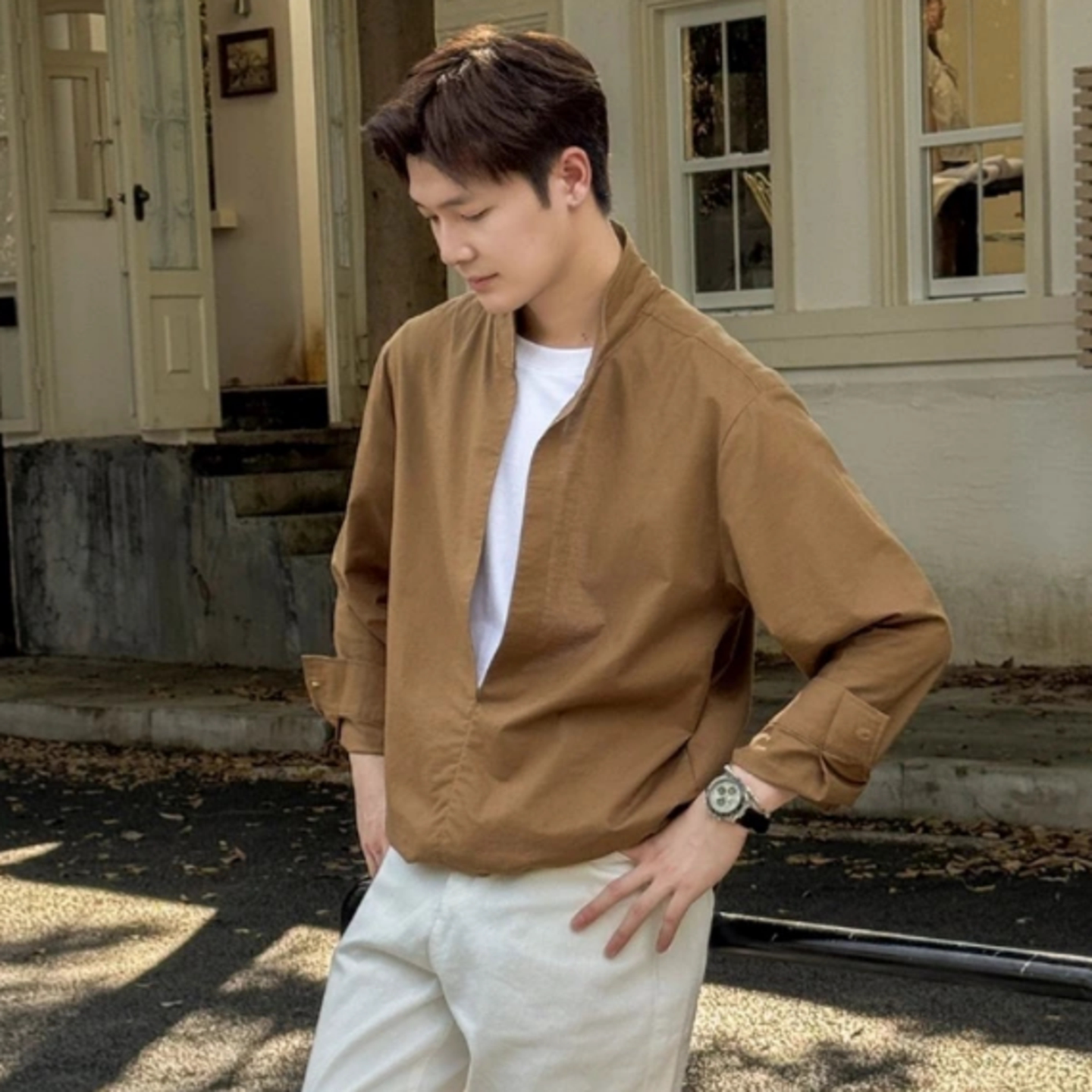 秋季新款男士休闲衬衫韩版潮流拼接假两件长袖衬衣休闲上衣帅气潮