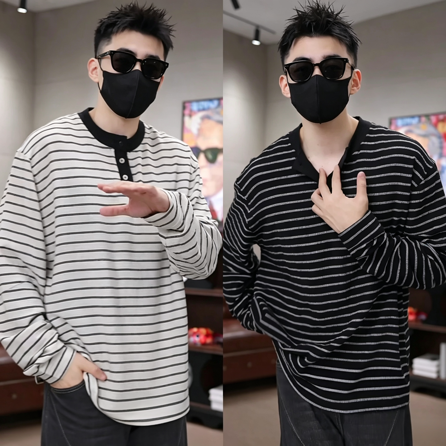 秋季新款条纹宽松长袖男士打底