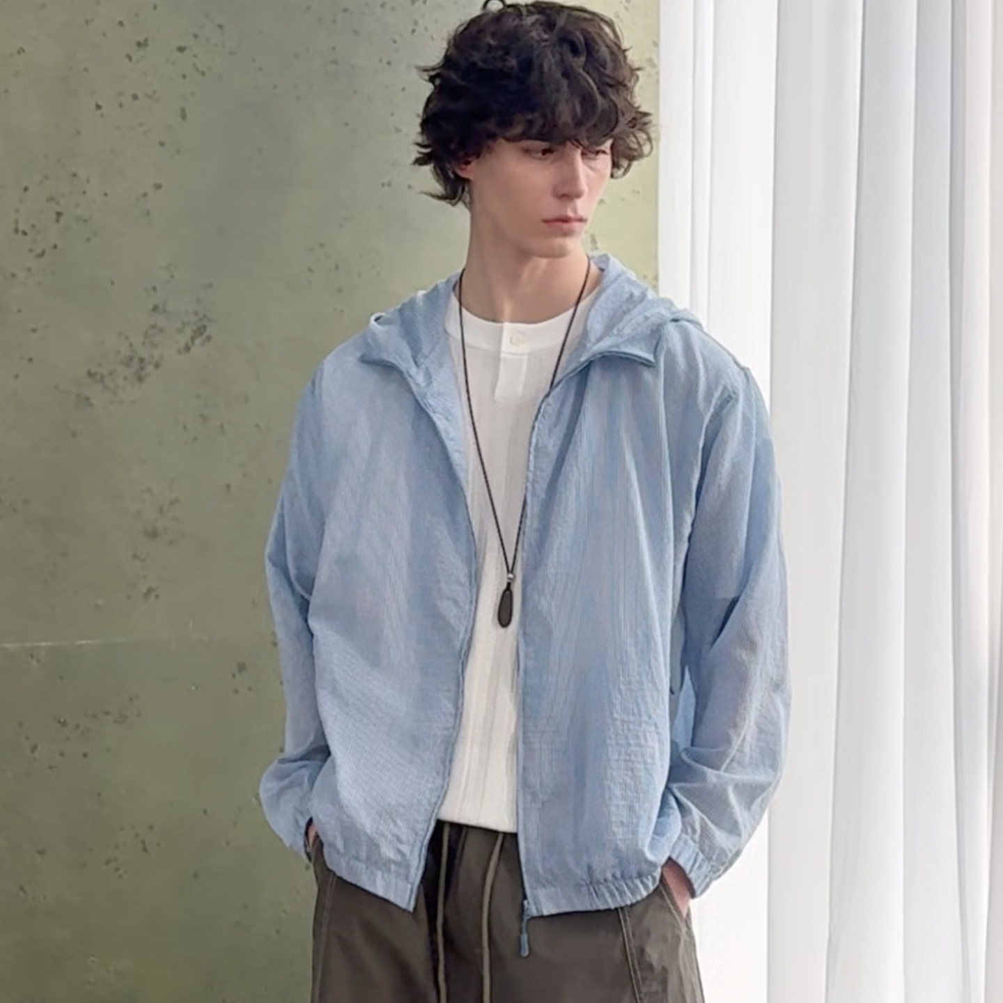 男士春夏新款时尚痞帅极简风拉链薄款连帽夹克潮流百搭宽松外套