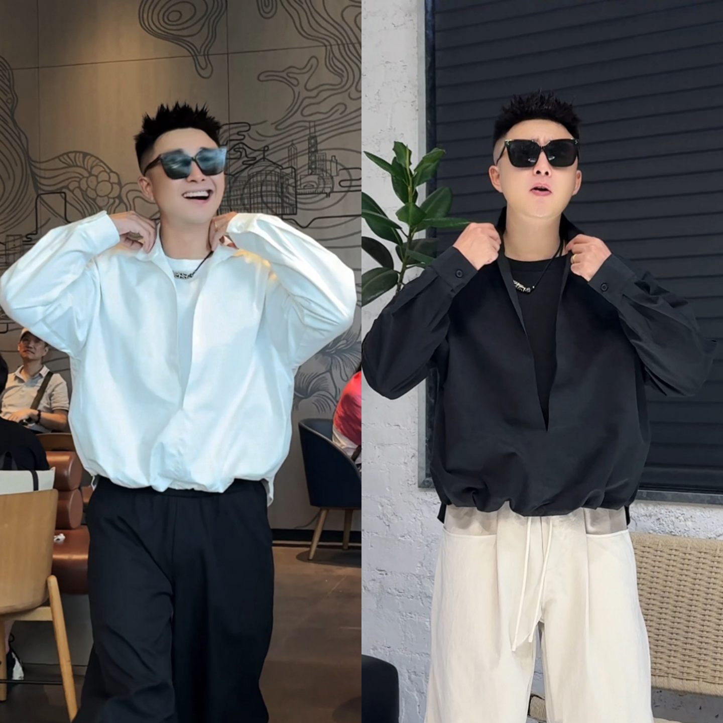 秋季新品极简风格假两件背心衬衫收底摆设计男士时尚潮流宽松衬衣