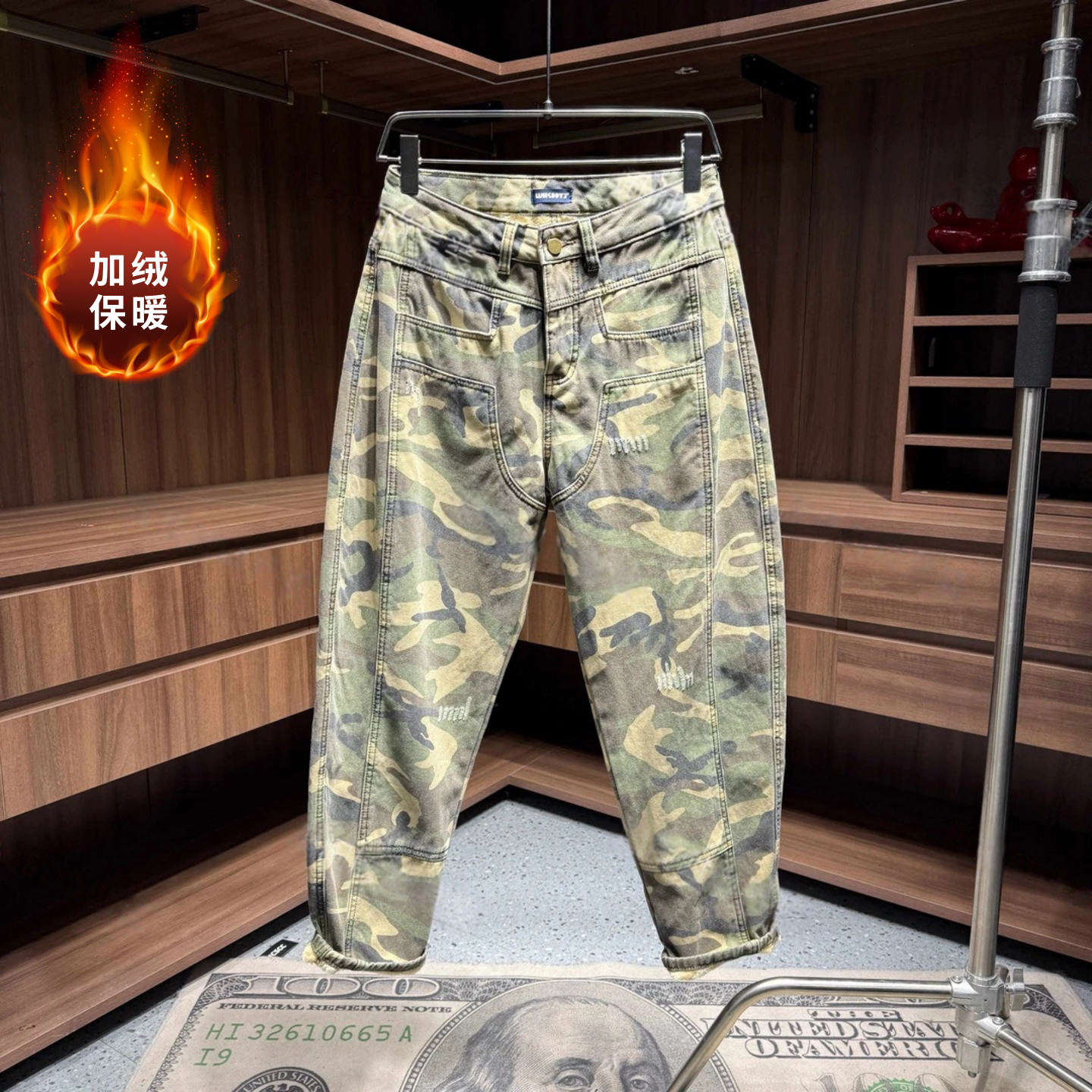 冬季新品潮流痞帅男士加绒保暖迷彩工装牛仔裤结构弯刀休闲小脚裤