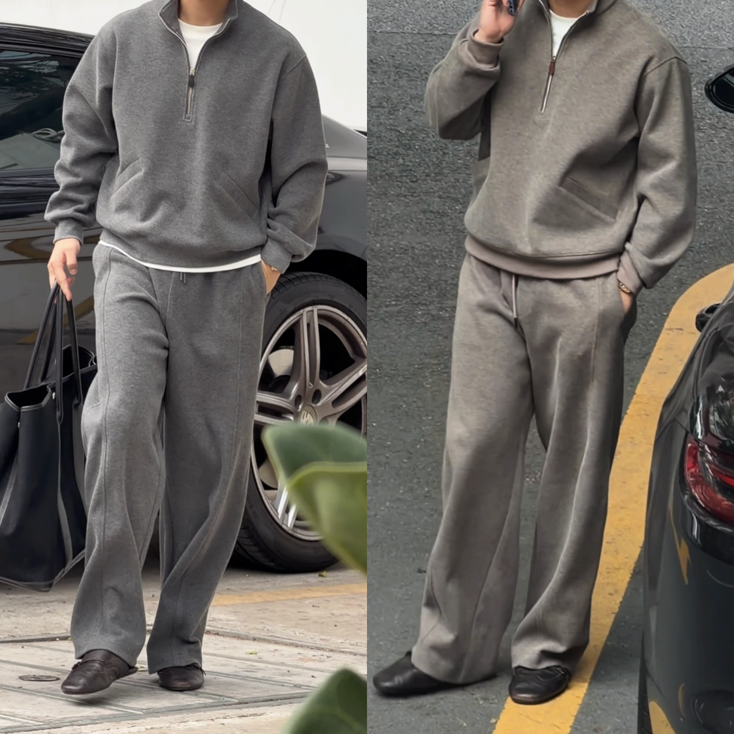 冬季简约时尚休闲老钱风半拉链设计男士立领纯色卫衣长裤时尚套装