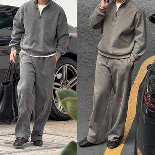 冬季简约时尚休闲老钱风半拉链设计男士立领纯色卫衣长裤时尚套装