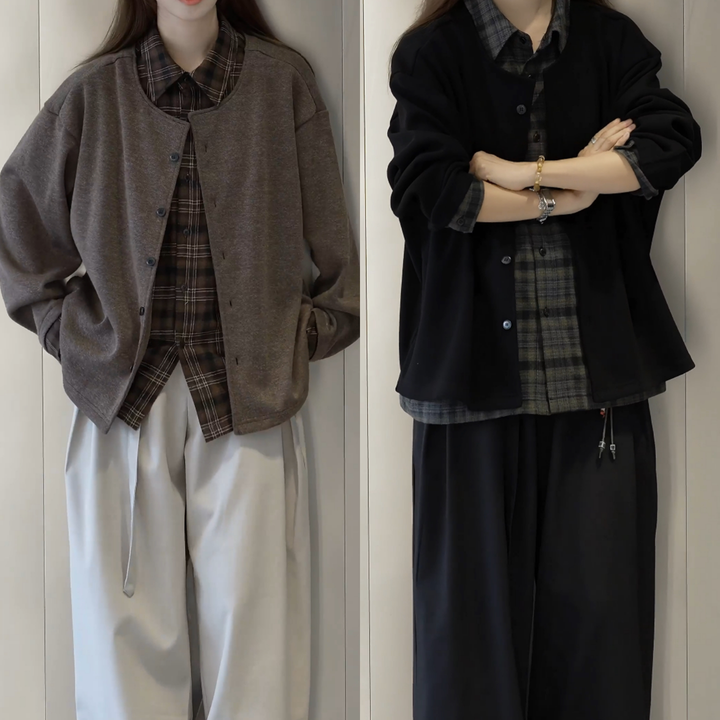 【拼接层次感】秋季男士假两件款格子衬衫外套撞色针织衫休闲衬衣