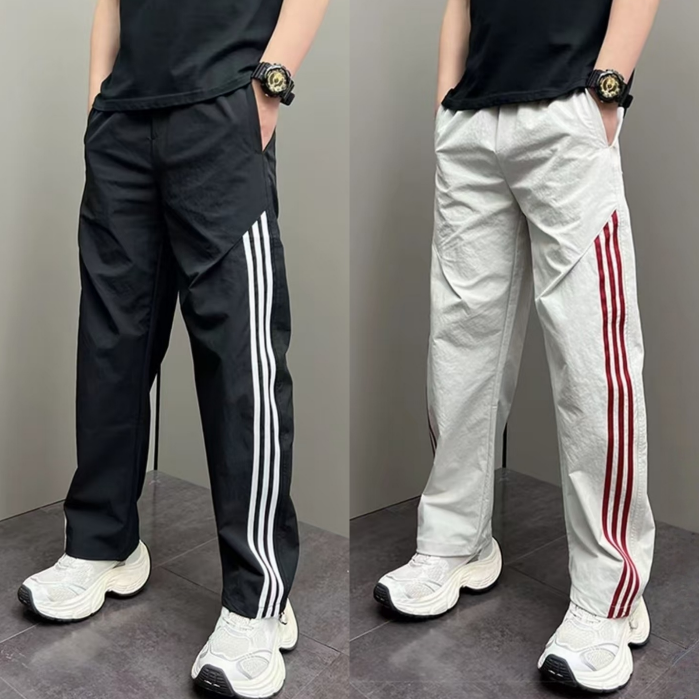 春季三条杠拼接条纹男士休闲裤