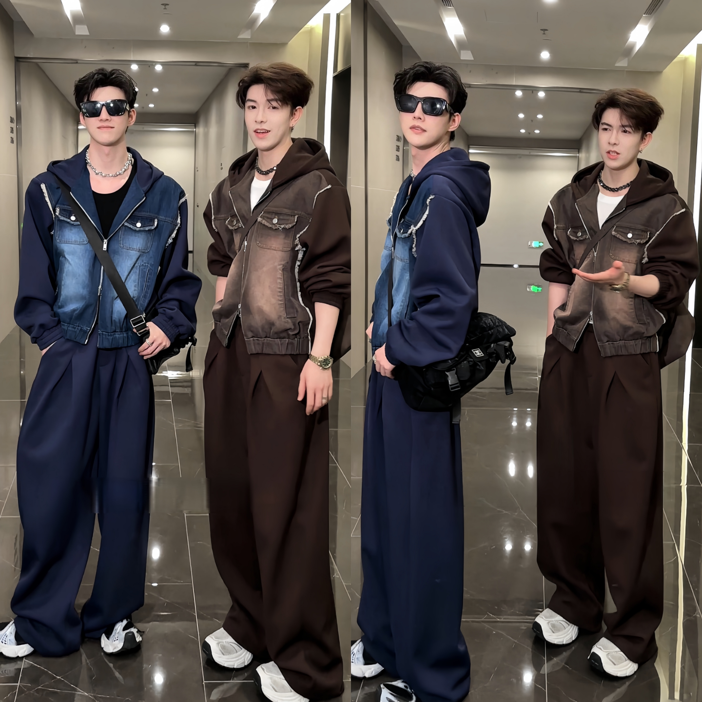 秋季新款男士高级感气质舒适拼接毛边连帽牛仔外套休闲阔腿裤套装