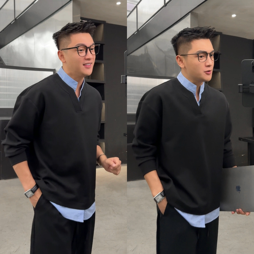 假两件条纹拼接长袖上衣卫衣男士