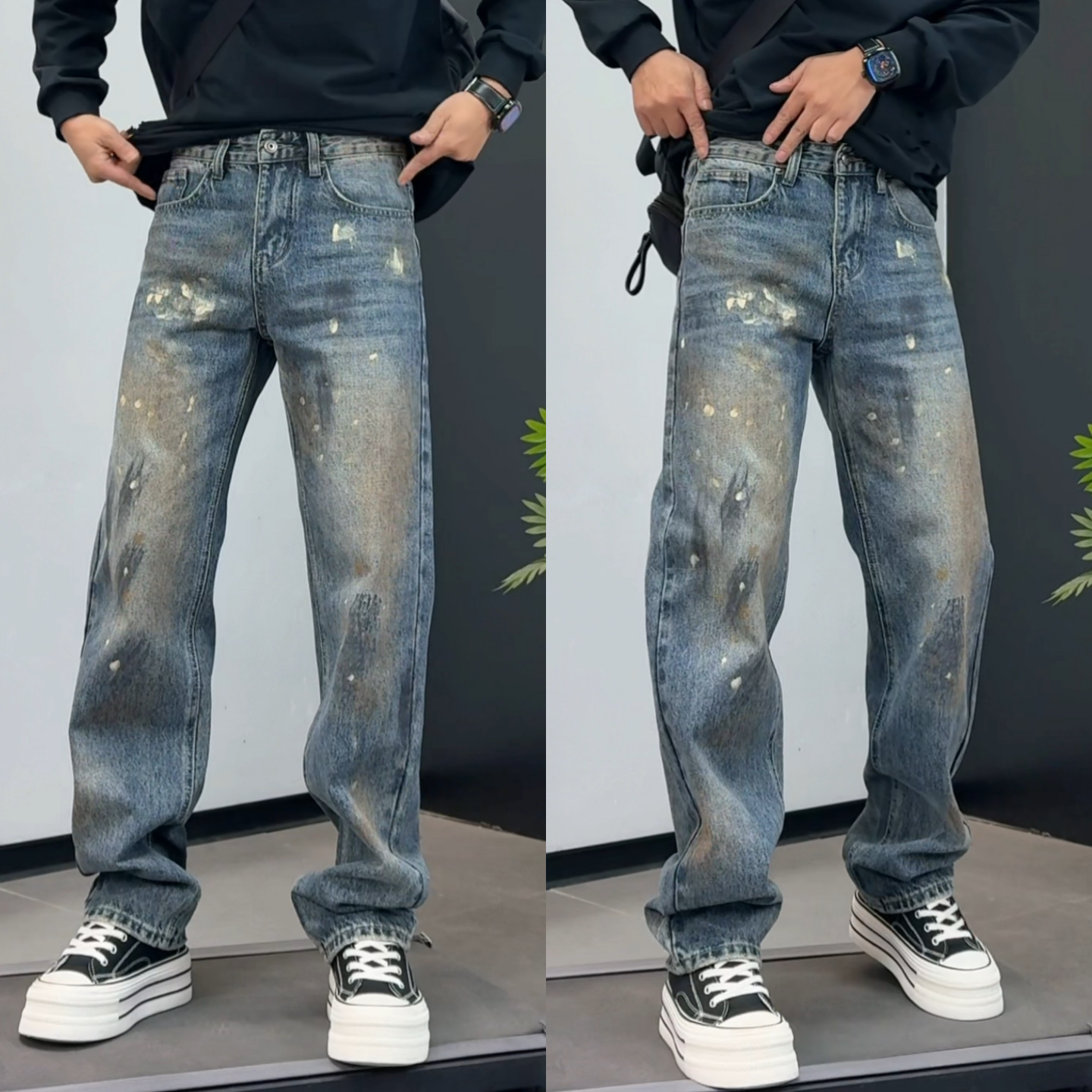 冬季上新时尚百搭个性美式泼墨涂鸦做旧男士高品质休闲直筒牛仔裤