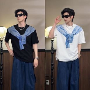 春季新款美式街头个性条纹设计感男士圆领短袖上衣百搭松弛感T恤