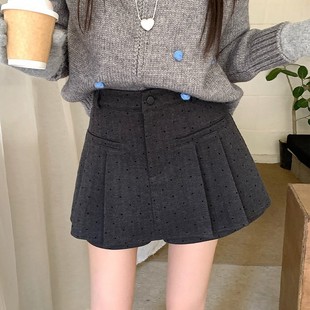 灰色波点毛呢半身裙女秋冬新款 胖mm高腰显瘦防走光百褶短裙