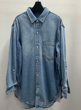 复古牛仔衬衫女长袖翻领宽松百搭休闲外套蓝色2C-3AC017605K
