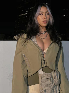 prix短款户外冲锋衣拉链连帽骑行夹克宽松休闲抽绳上衣外套imokay