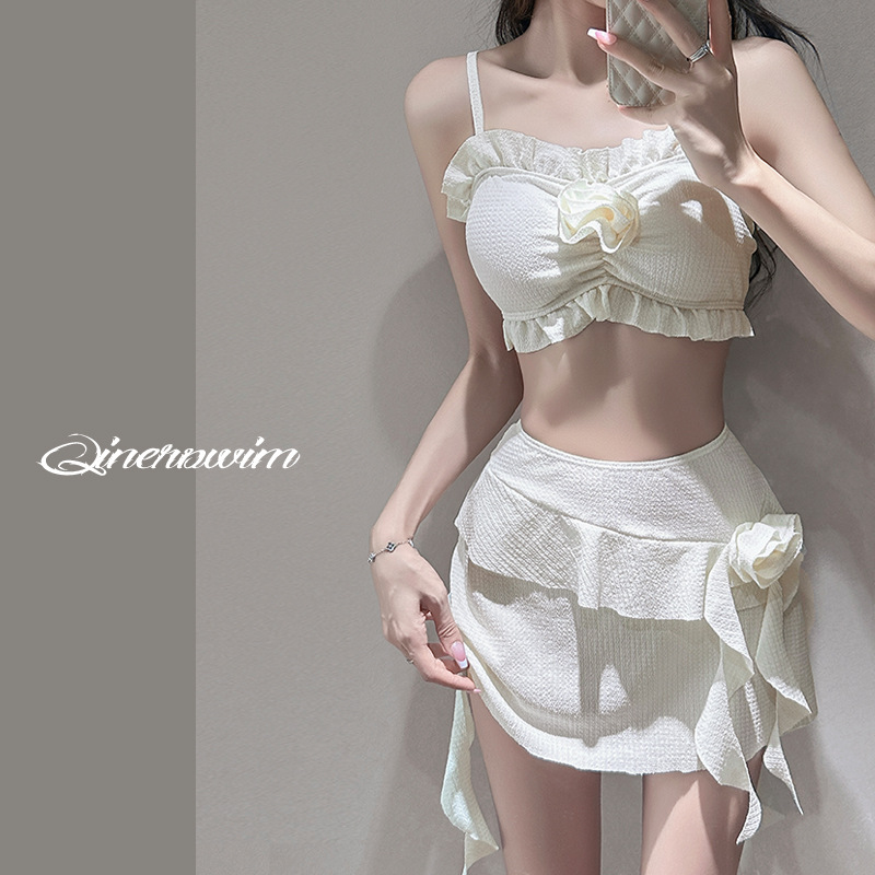 泳衣女款分体吊带三件套纯色多巴胺比基尼少女甜美性感泡温泉泳衣