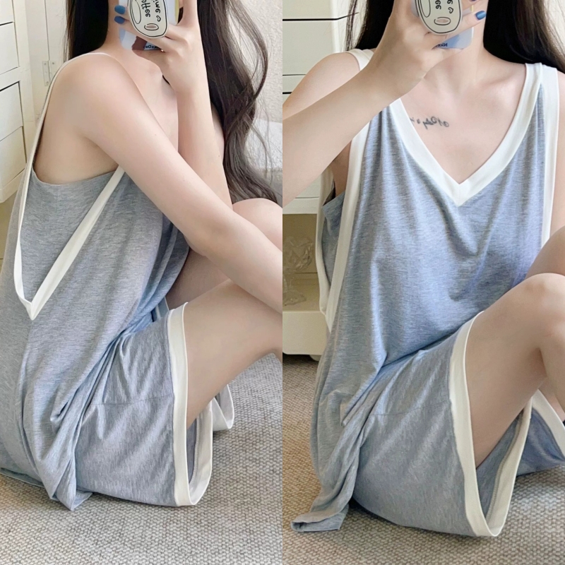 睡衣女夏款2023新款莫代尔无袖背心短裤套装带胸垫宽松休闲家居服