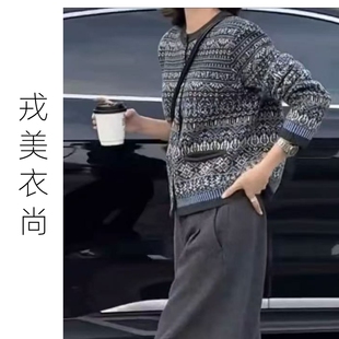 【反季】戎美衣尚羊毛北欧费尔岛提花开衫毛衣女圆领复古撞色