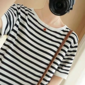 新款 T恤女士夏季 戎美衣尚条纹短袖 宽松纯棉针织圆领 买一送一