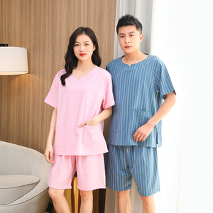 高端纯棉弹力汗蒸服男女情侣款条纹桑拿服洗浴按摩足疗客人服睡衣