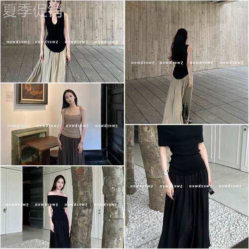 5Werkwen藤裙女性夏季简单慵懒休闲宽松褶高腰盖臀长裙
