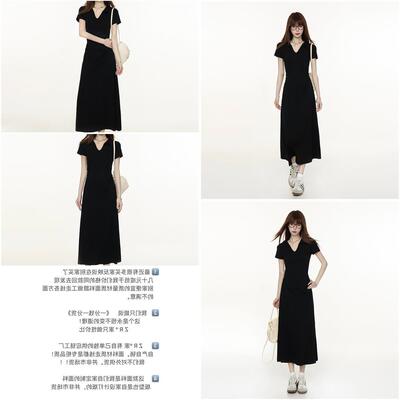 黑色短袖v领连衣裙女夏2026新款韩系小个子收腰显瘦气质a字长裙