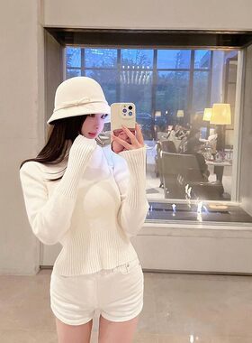 甜美v领长袖针织开衫女秋修身显瘦毛衣外套短上衣