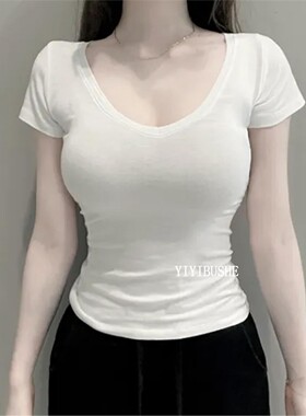当天发PL030自留真喜欢 纯欲白色V领显身材短袖T恤女