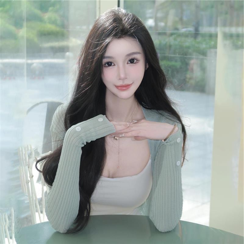 温柔风早秋薄荷绿开衫韩系气质薄款微透软糯修身短款针织长袖外套图片