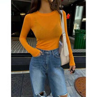 现货  秋冬女士ins博主性感微透纯色长袖打底衫T桖