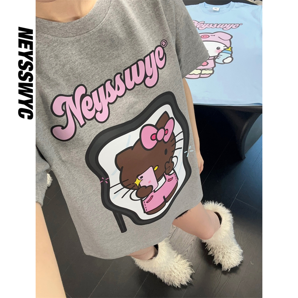 NEYSSWYC【自拍KT】猫咪夏可爱原创灰色猫咪短袖T恤个性猫咪